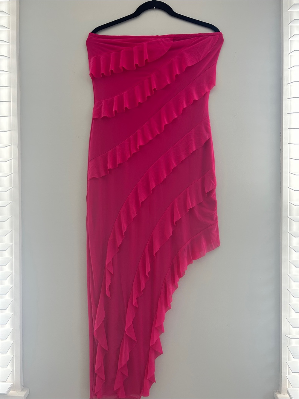 Strapless Asymmetrical Ruffle Dress - Hot Pink
